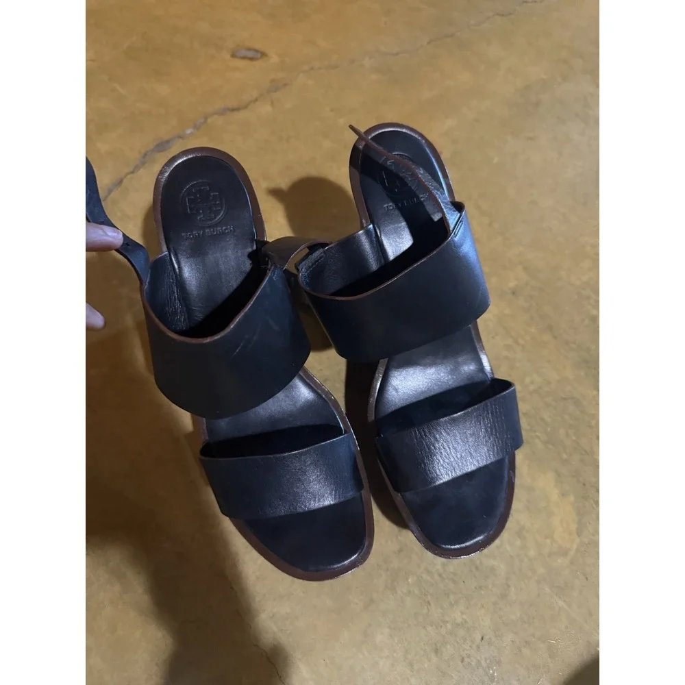 Tory Burch Leather Black Wedges Size 10 Women's Straps
